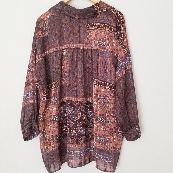 Zara Patchwork Shirt Blouse Top M Oversized Paisley Boho Brown Semi Sheer Collar - Picture 5 of 16